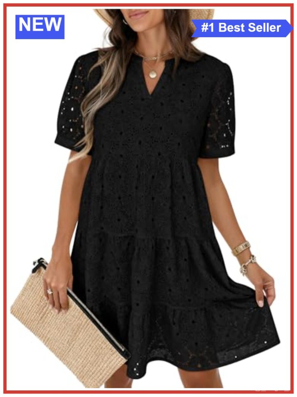Womens Eyelet Babydoll Swing Dress V Neck Short Sleeve Lace Tunic Mini